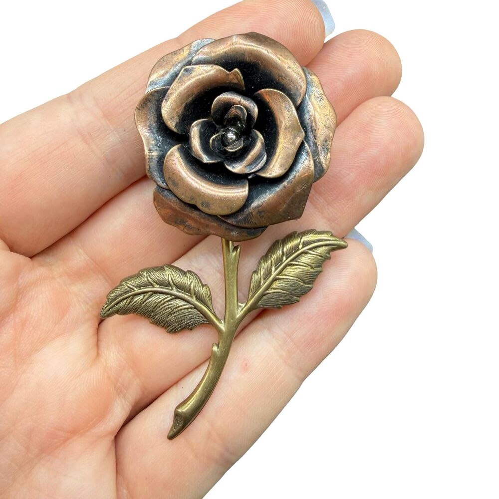 Vintage Jewelry Mixed Metal Rose Brooch Copper Rose Pin